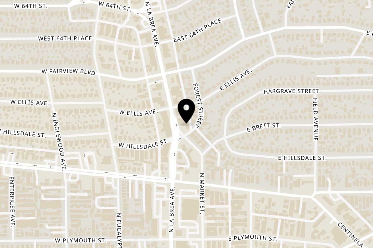 Map showing the location of Hungry Joe's Jamaican Restaurant on 1100 N La Brea Ave UNIT 100 in Inglewood